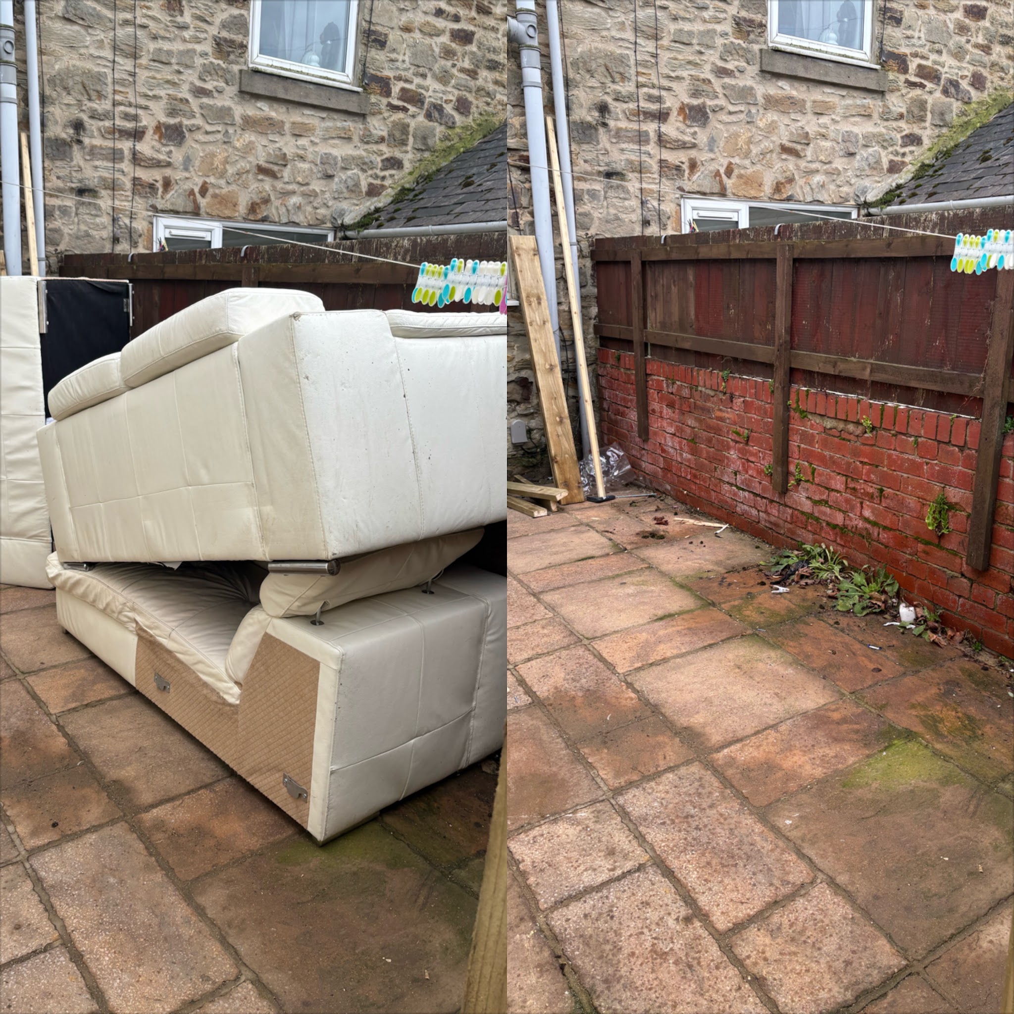 Left: a white leather sofa dumped in a back yard. Right: the same yard cleared